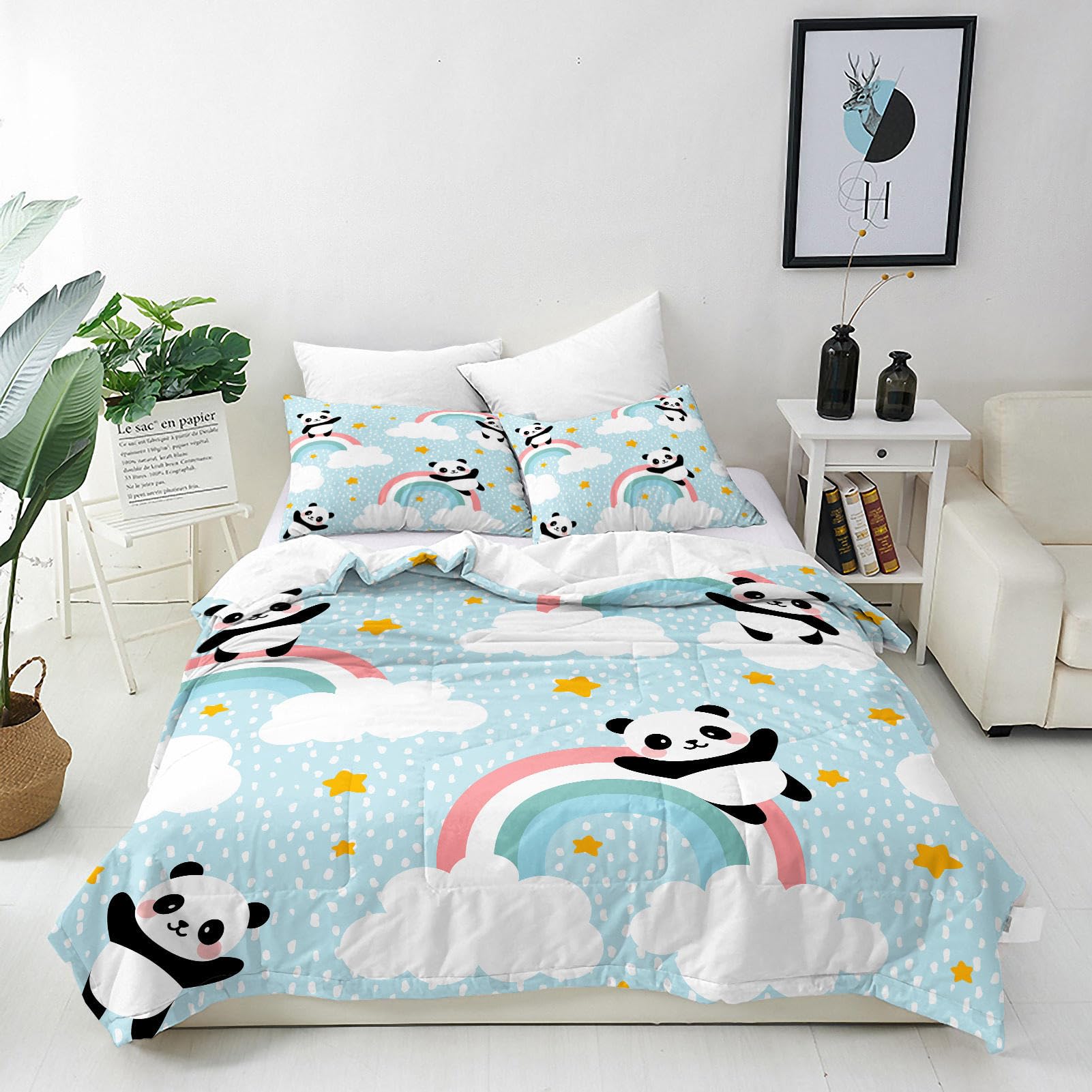 ANHOPE Custom Duvet Cover & Pillowcase Customized Size Bedding Set with Blue Background Panda Bear Printed Pattern Personalised Quilt Cover for All Season