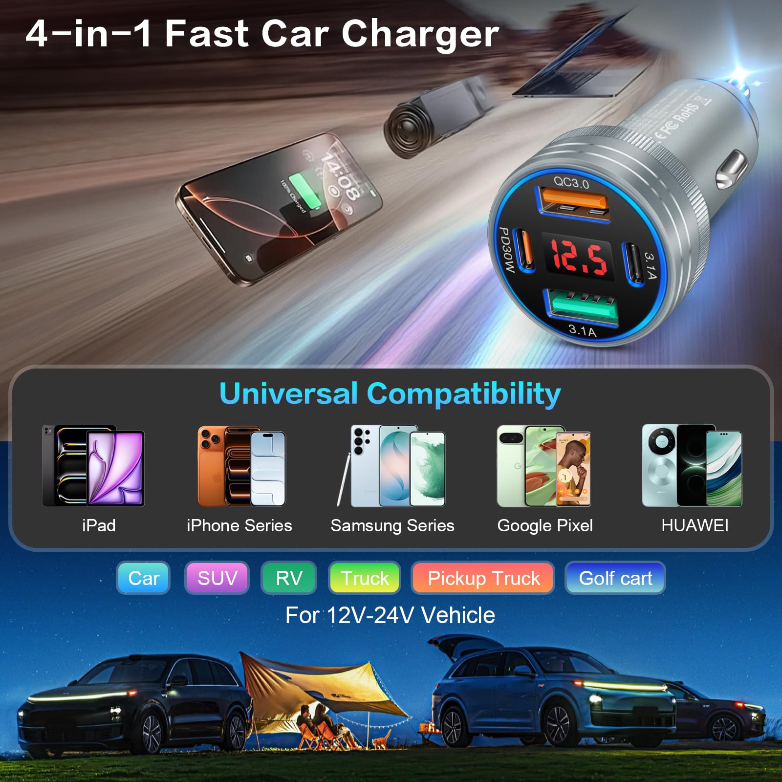 Cargador de coche, adaptador de cargador rápido de coche de 4 puertos de 65 W con PD+QC 3.0, cargador de teléfono de coche de 12 V con USB-A y USB-C, compatible con iPhone 17/16e/15 Pro Max, Samsung