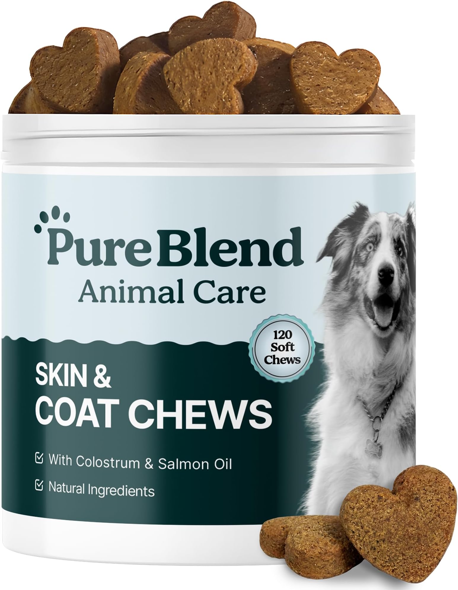 PureBlend Skin & Coat Soft Chews for Dogs โ With Colostrum, Salmon Oil, Probiotics & Brewer's Yeast โ Dog Coat Supplement โ 120 Chews, Up to 4 Month Supply