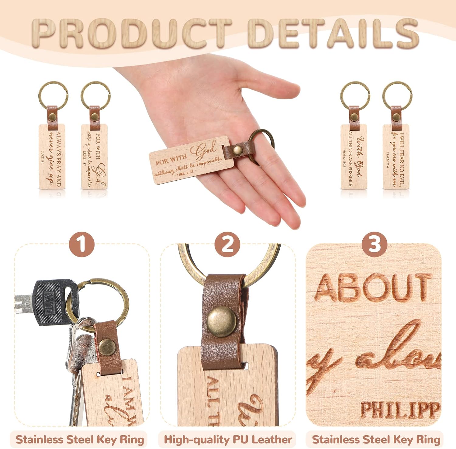 Fumete 10 Pcs Wooden Christian Keychain Gifts for Women Men Bulk Inspirational Bible Verse Keychain Religious Gifts for Friends Birthday Souvenirs Baptism Party Favors Church