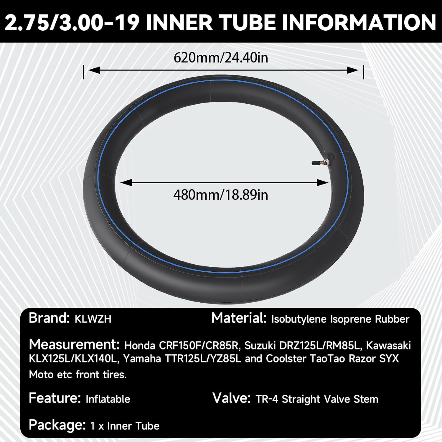 2.75/3.00-19" (70/100-19) Heavy Duty Dirt Bike Inner Tubes with TR4 Straight Valve Stem for CRF100F 125FB 150F 450R KX Surron Light Bee X Segway X160/X260 UltraBee Talaria Off Road Motorcycle