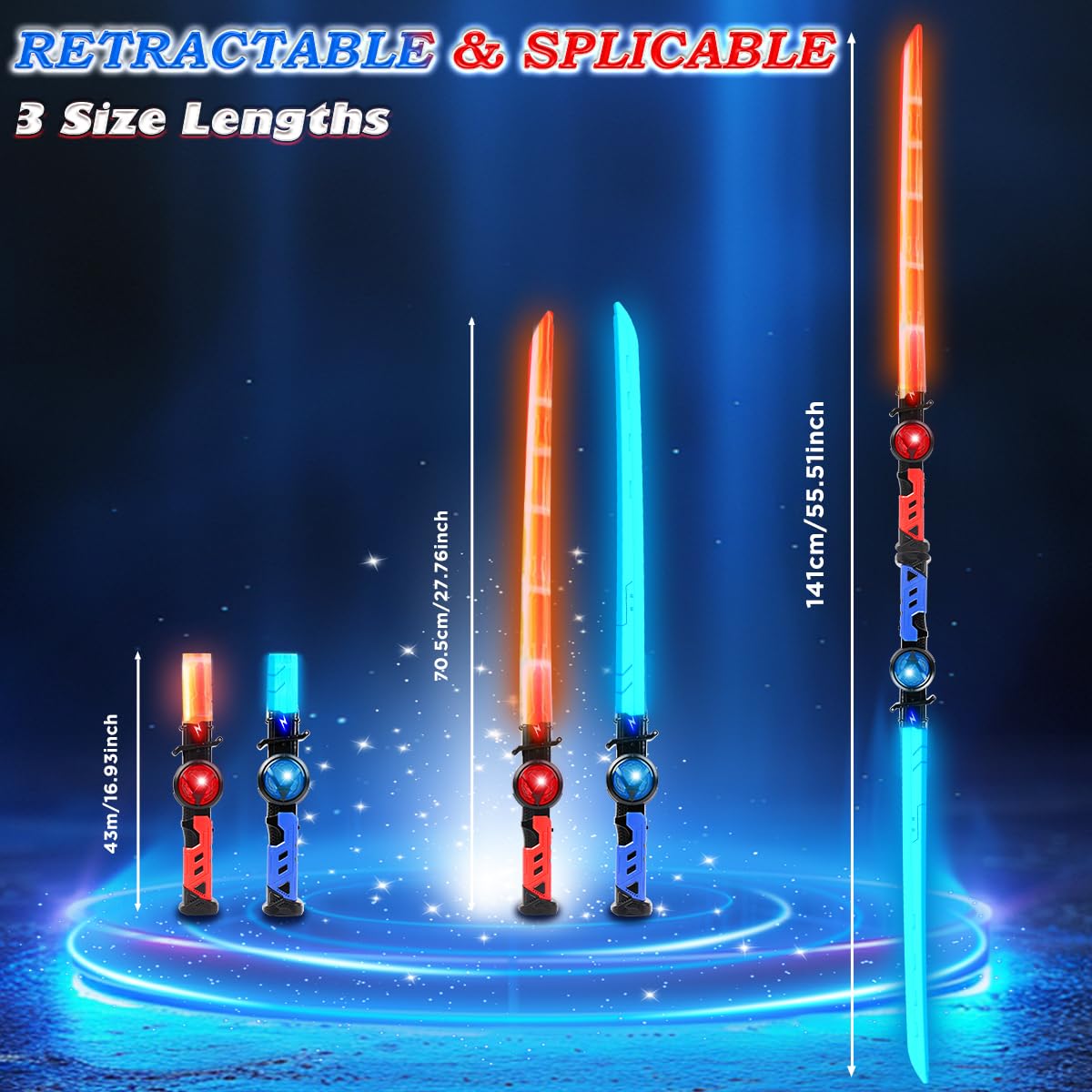 VATOS 2 Sables Luminosos Recargables para Niños, 15 Colores Variables con Efectos de Sonido de Combate, Juguete de Sable Luminoso LED Retráctil 2 en 1 para Cosplay, Fiestas en Samurai
