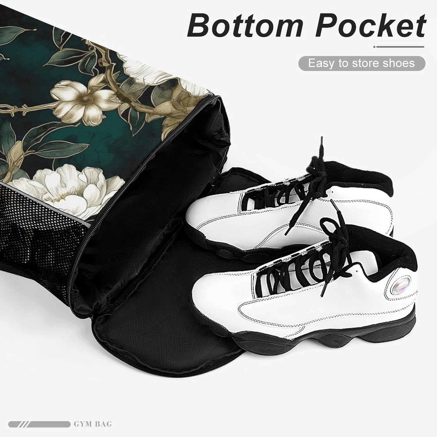 Small Gym Bag White Flowers Printed Drawstring Gym Bag for Men Lightweight Waterproof Drawstring Backpack for Women with Shoe Compartment for Travel Tourism Work And Fitness