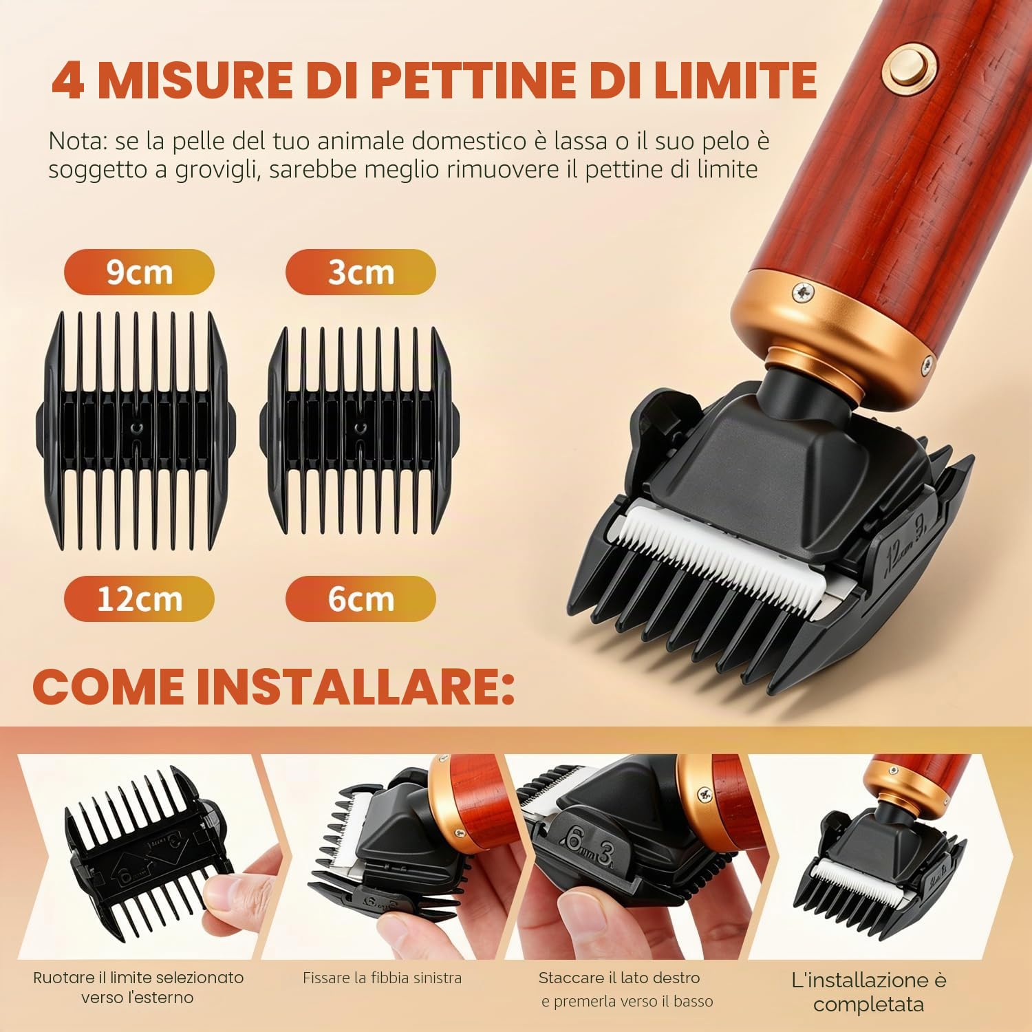CGOLDENWALL Tosatrice per Cani Professionale 55W, Rumorosità 50DB, Manico in Legno e Cavo di Alimentazione 3m, per Animali di Tutti i Tipi di Pelo, Con 2 Pettini di Fissaggio (3/6 mm, 9/12 mm)