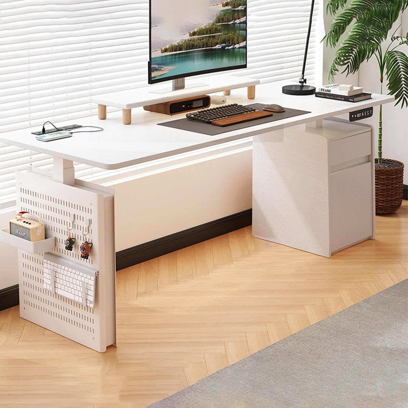 CGCSYZ Adjustable Standing Desk with Storage, Standing Desk with Drawers and Cabinets, Pegboard Lift Desk, 4 Memory Presets, Easy to Install (White 47.2in/120cm)