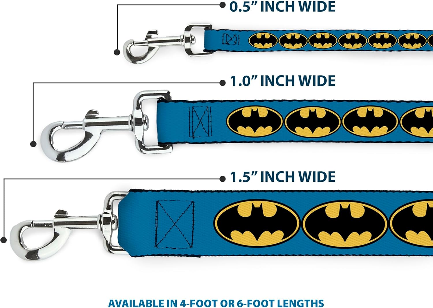 Buckle-Down Dog Leash Bat Signal 3 Blue Black Yellow 6 Feet Long 1.0 Inch Wide, Multicolor, DL-6FT-WBM012