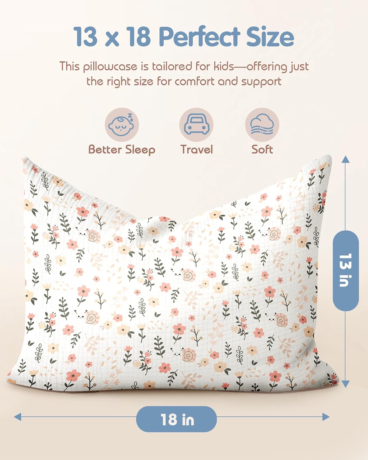 Miss Adola Ultra-Soft Cotton Toddler Pillowcase Set of 2, 13x18 Breathable Kids Pillow Cases for Sensitive Skin, Cute Cartoon with Envelope Closure for Baby Boys Girls, Snail Flowers & Beige