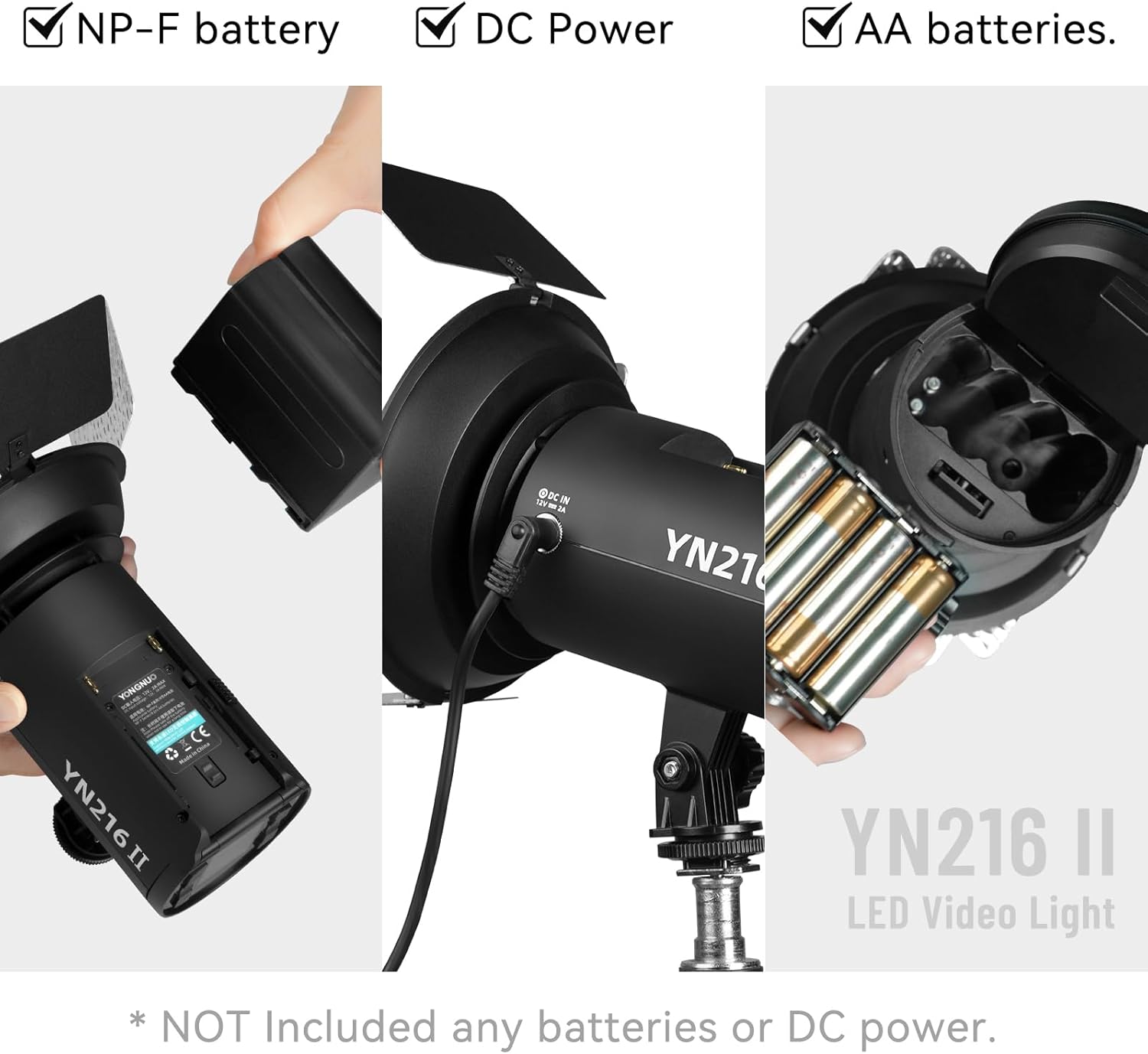 Three images showing the installation of an NP-F battery, connecting a DC power adapter, and inserting AA batteries into the YN216 II LED video light.