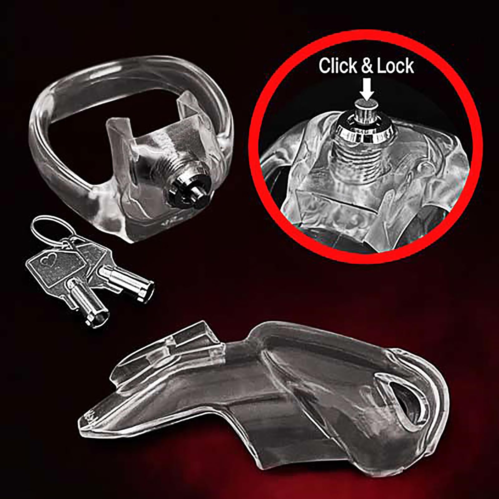 Cage de chasteté pour hommes HT-V5 avec 5 tailles d'anneau pénien Click & Lock Clear Nub