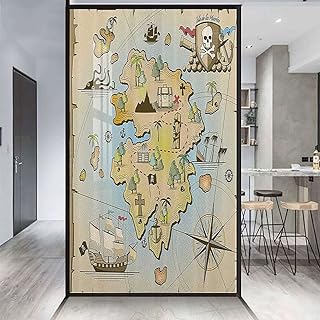 Multi No Adhesive Stained Glass Window Decor Cartoon Treasure Island with Pirate Ship Chest for Bathroom Office Meeting Room Bedroom Island Map 35.4Wx78.7L-inch