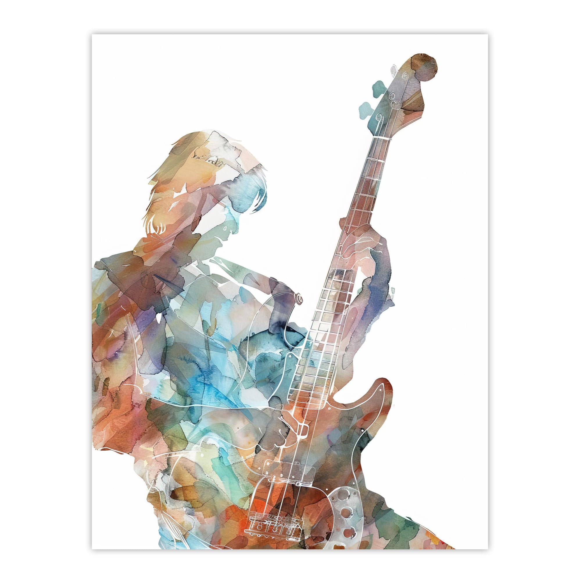 Artery8 Bass Player Musician Bassist Watercolour Painting Living Room Large Wall Art Poster Print Thick Paper 18X24 Inch