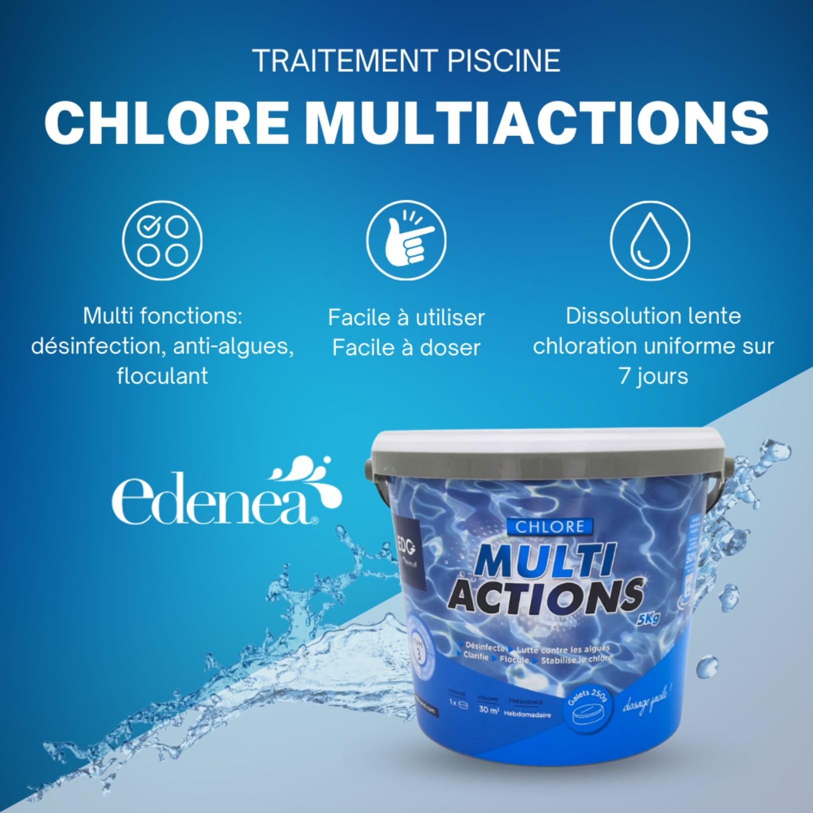 EDG by AQUALUX International - Chlore Multi Actions Piscine - Multi Fonctions Action Longue Durée - Galets 250g - Seau 5 kg