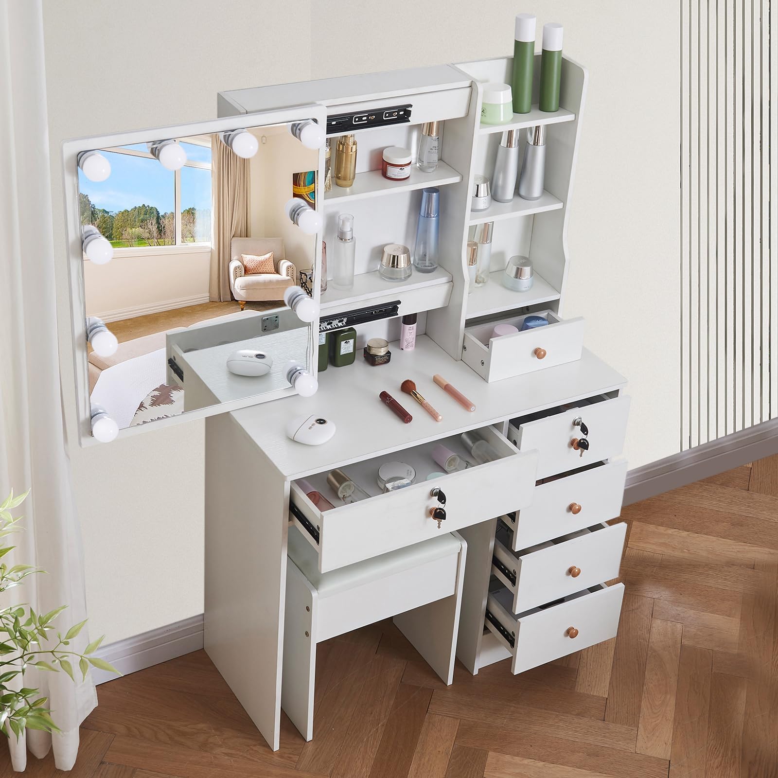 Coiffeuse Maquillage Enfant Avec Miroir éclairé Et Tiroir - Costway - Neuf, à Monter (MDF)