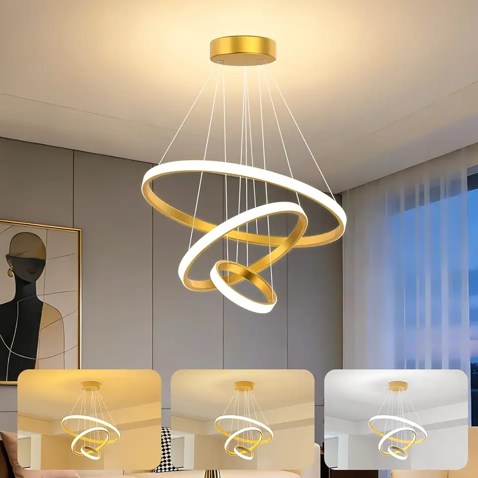 Trailabo Luminárias LED de Teto, 3 Temperaturas de Cor, 3 Faixas de LED Circulares Lineares, Estilo Decorativo Art Deco Europeu. Adequadas para Salas de Estar, Salas de Jantar e Quartos.