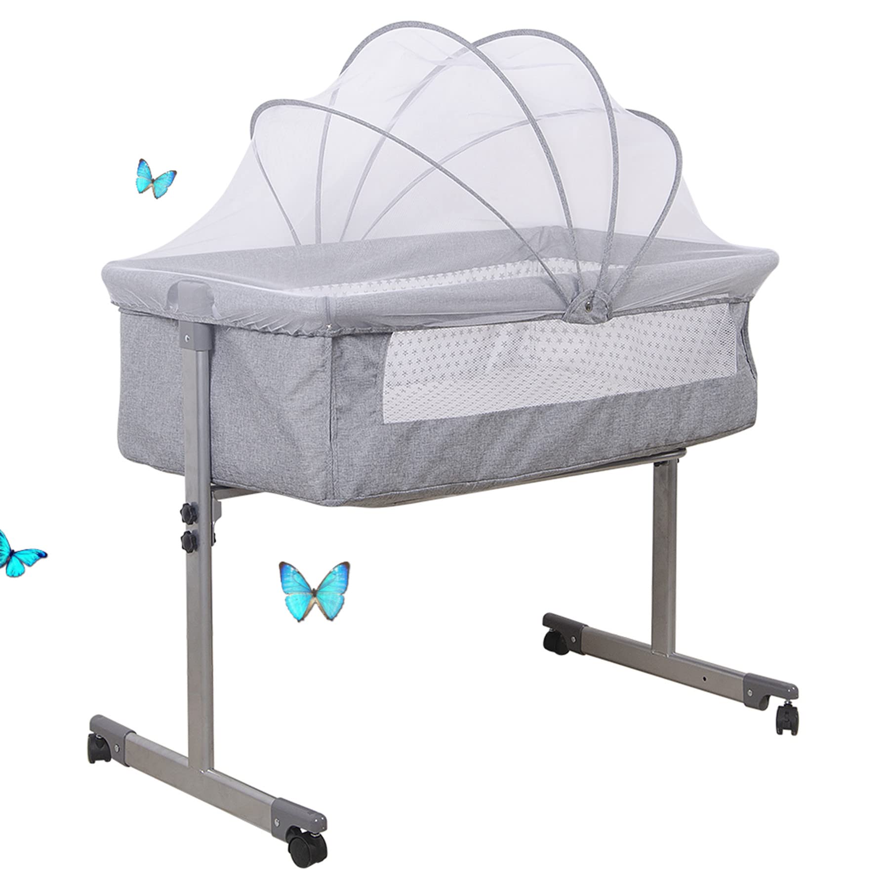 RELOVE Berceau Nomade Pliable 0 à 6 Mois, avec Matelas, Capote et Moustiquaire, Léger et Compact, Sac de Transport Fourni, avec Panier De Rangement (96*57*77cm (Gris))