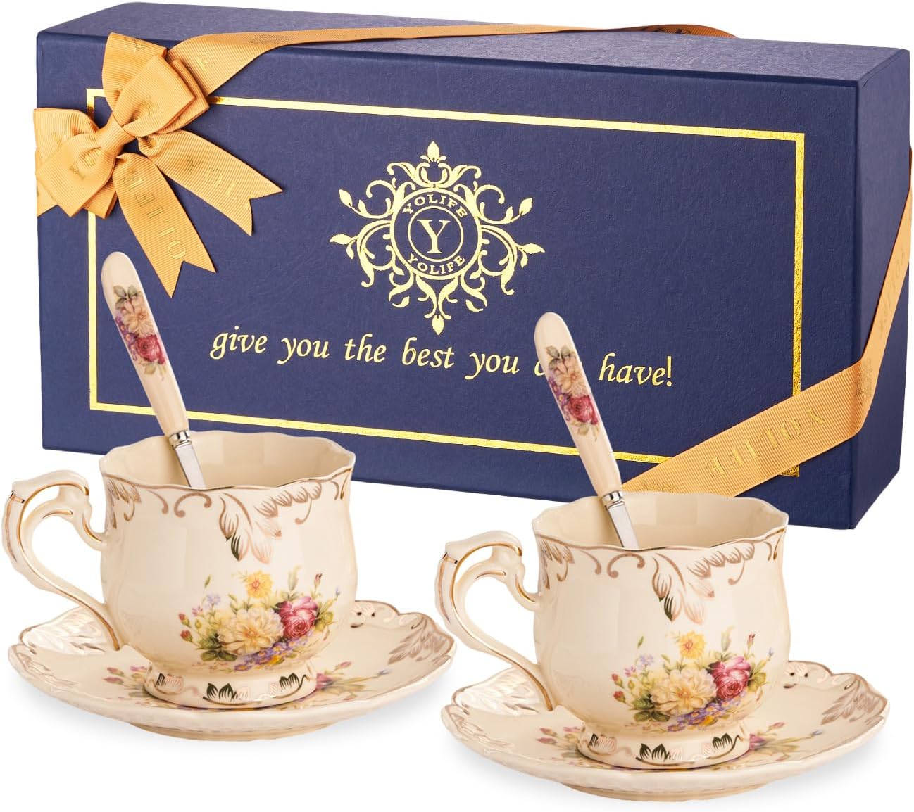 YOLIFE Tea Cups and Saucers Set of 2, Vintage Ceramic Tea Cups Set Floral with Gold Leaves Trim - 8 oz (Flower Shrubs with Gift Box(no stand))
