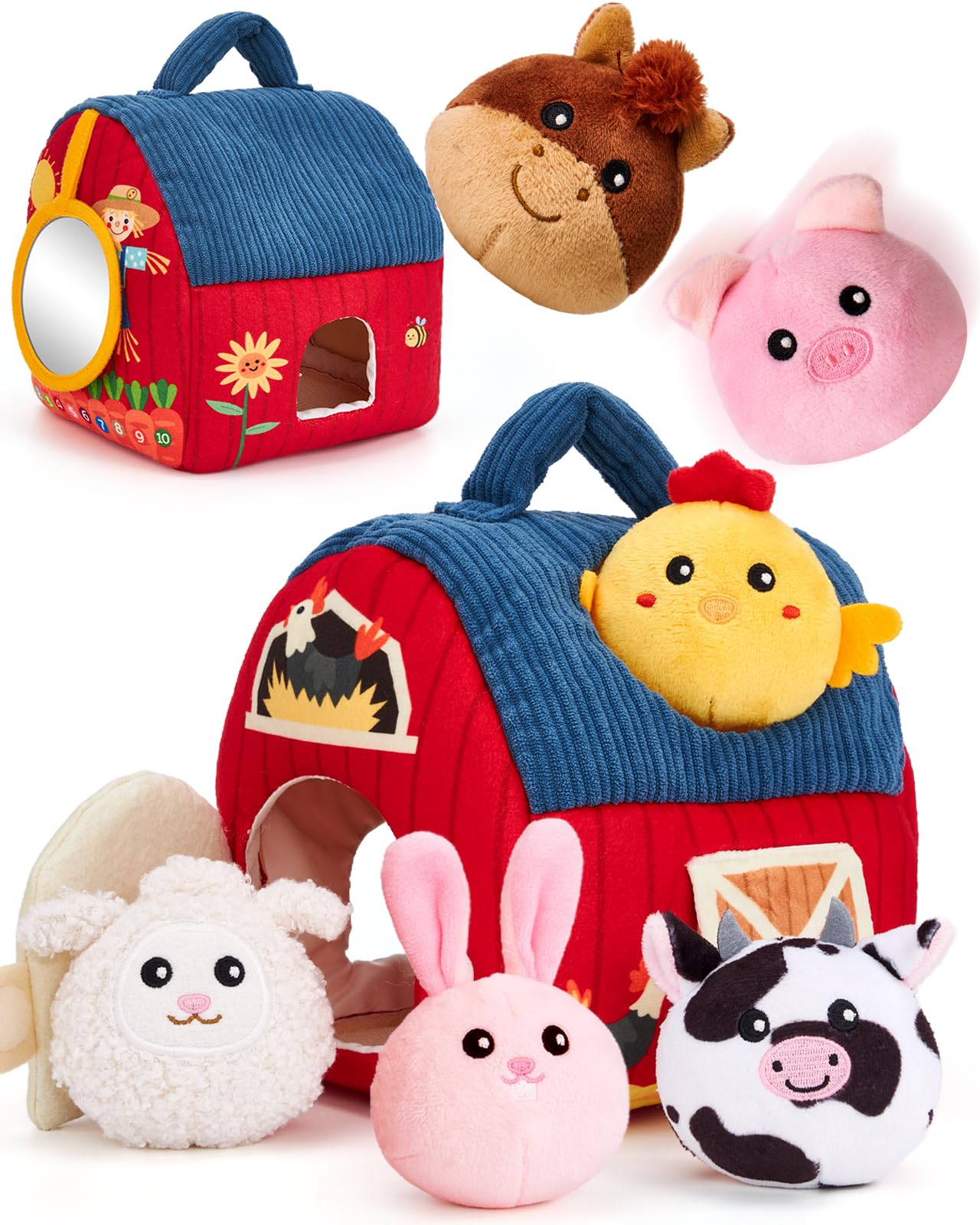 hahaland Baby Toys 6-12 Months - Surprise Barn Stuffed Farm Animals Plush | 6 Month Old Montessori Toys with Rattle Crinkle S