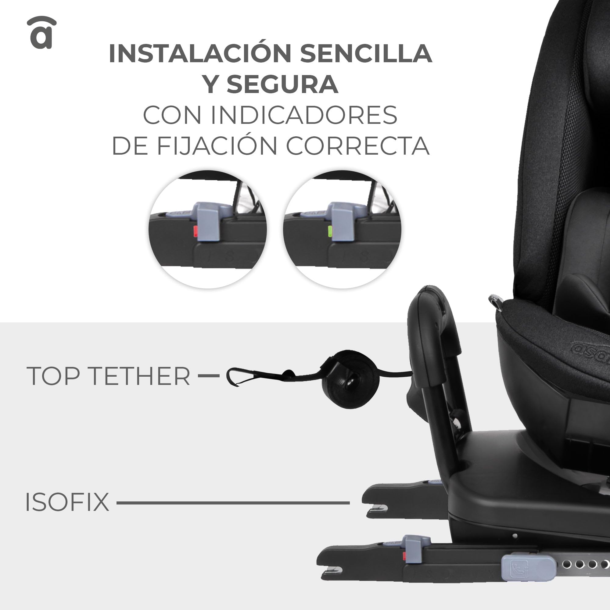 Silla de Coche i-Size 40-150 cm Grupo 0 1 2 3, ISOFIX + Top Tether, Giro 360°, Contramarcha hasta 105 cm, Reclinable – Asalvo Panafix Gris