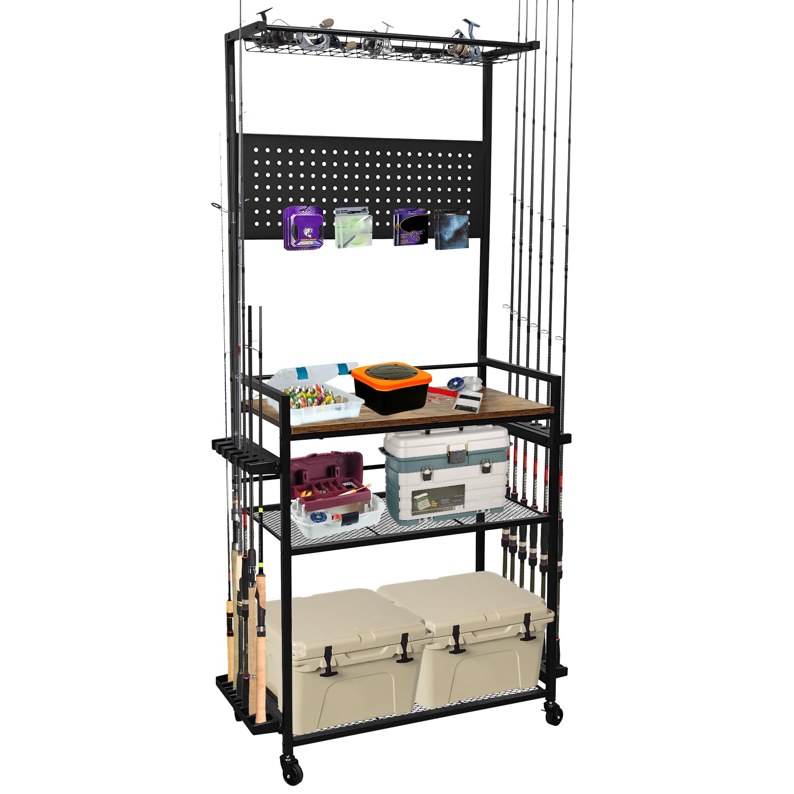GarveeLife Fishing Rod Holders for Garage, 3-Tier Fishing Pole Rack Holds 12 Rods with Hooks & Pegboard, Rolling Tackle Box Storage Cart with Lockable