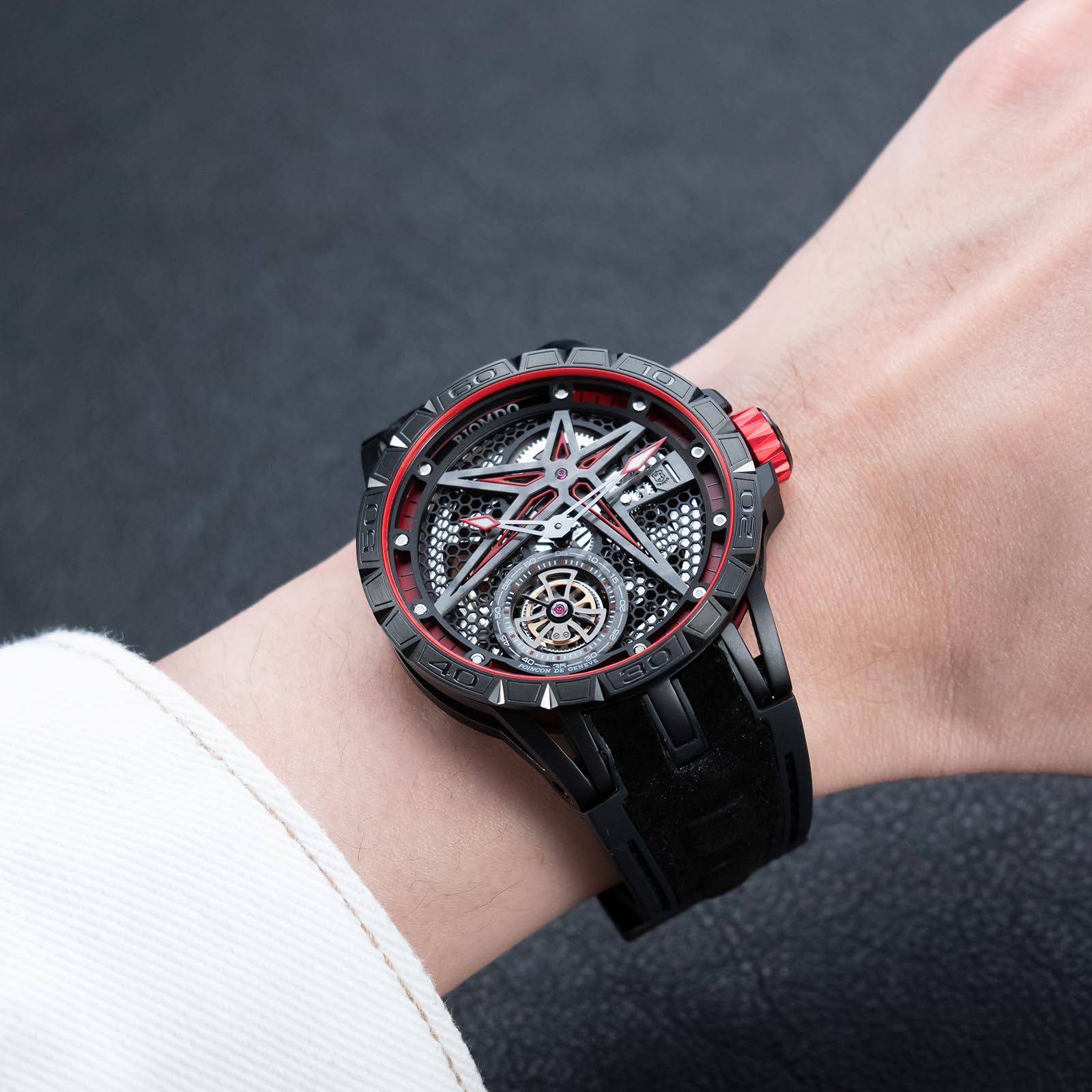 OBLVLO Męski 46 mm mechaniczny automatyczny zegarek maszynowy z wydrążoną tarczą 50 m wodoodporny gumowy pasek wojskowy zegarek RD-901