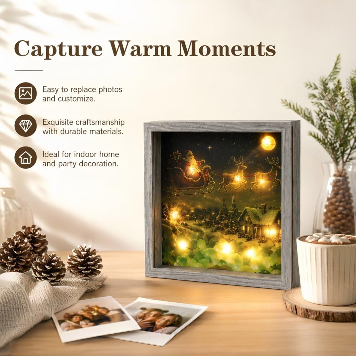 Weihnachtlicher LED Fotorahmen mit Santa und Schneemann