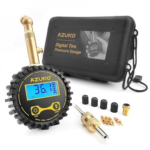 AZUNO Medidor digital de presión de neumáticos con manguera de acero de 12 pulgadas, 150 PSI, para automóvil y bicicleta (modelo 2)