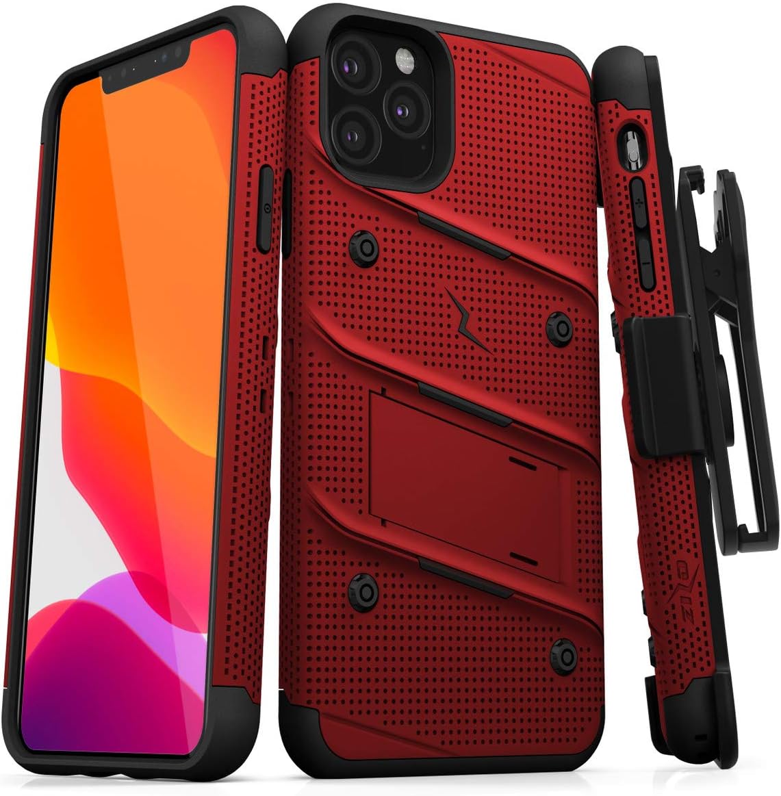 ZIZO Bolt Series iPhone 11 Pro Max Case - Heavy-Duty Military-Grade Drop Protection w/Kickstand Included Belt Clip Holster Tempered Glass Lanyard - Red