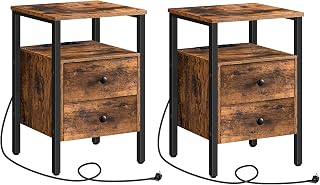 HOOBRO 2 Pack Bedside Table with USB Sockets and Ports Side Table with Drawers and Storage Shelves for Living Room Bedroom Rustic Brown and Black EBF43CBZP201