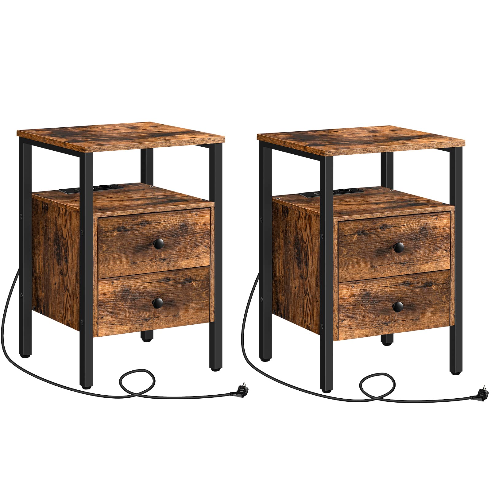 HOOBRO Nachttische mit Ladestation, 2er Set, Beistelltische, Sofatische mit 2 Schubladen, Couchtische mit USB-Anschlüssen für Wohnzimmer, Schlafzimmer, 40 x 40 x 61 cm, Vintage EBF43CBZP201