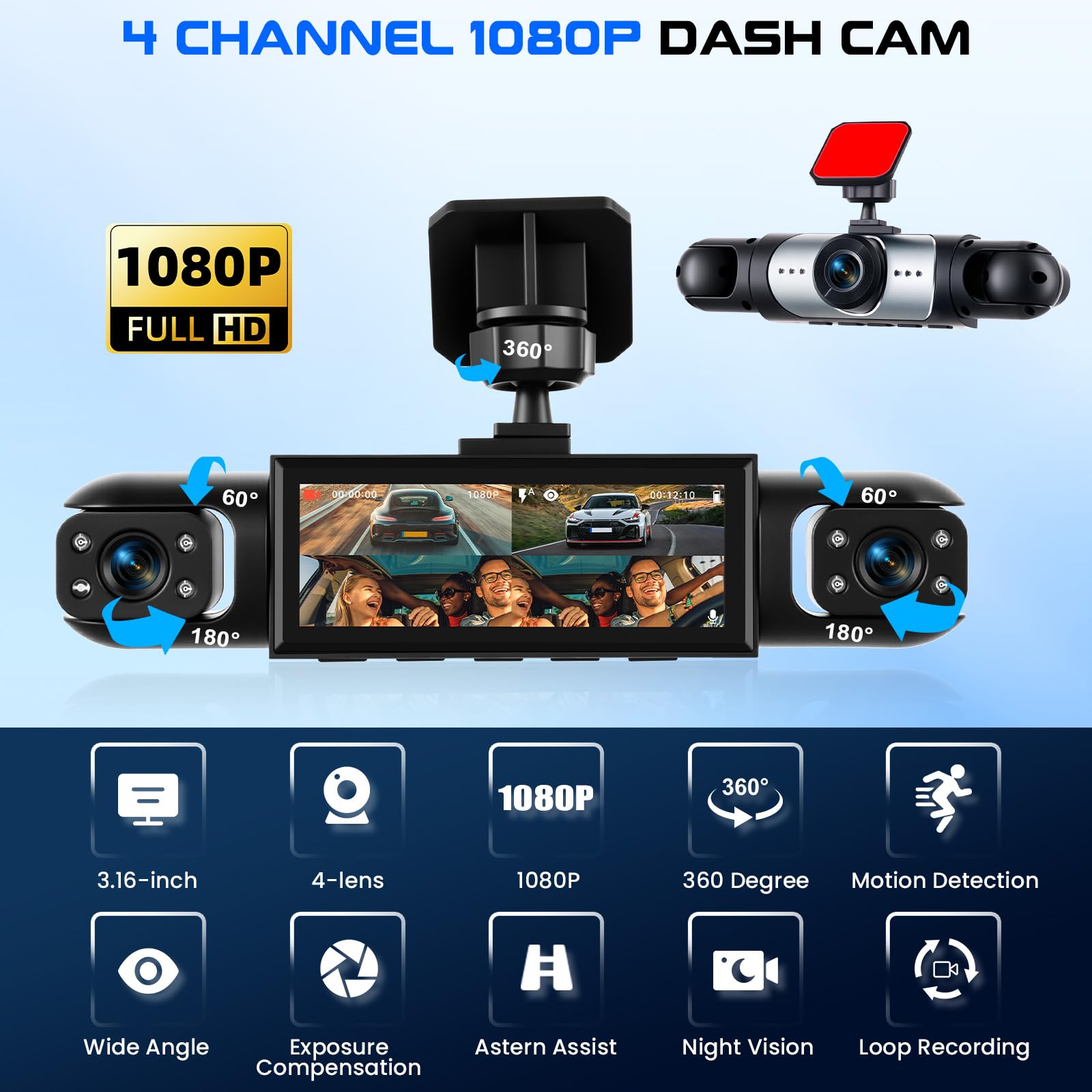 CAMECHO Dashcam 4 Canales 1080P, visión 360° para Coche, 4 cámaras Ajustables, Pantalla 3.16", guías de Aparcamiento, Compensación de exposición, grabación en Bucle, Montaje Sencillo