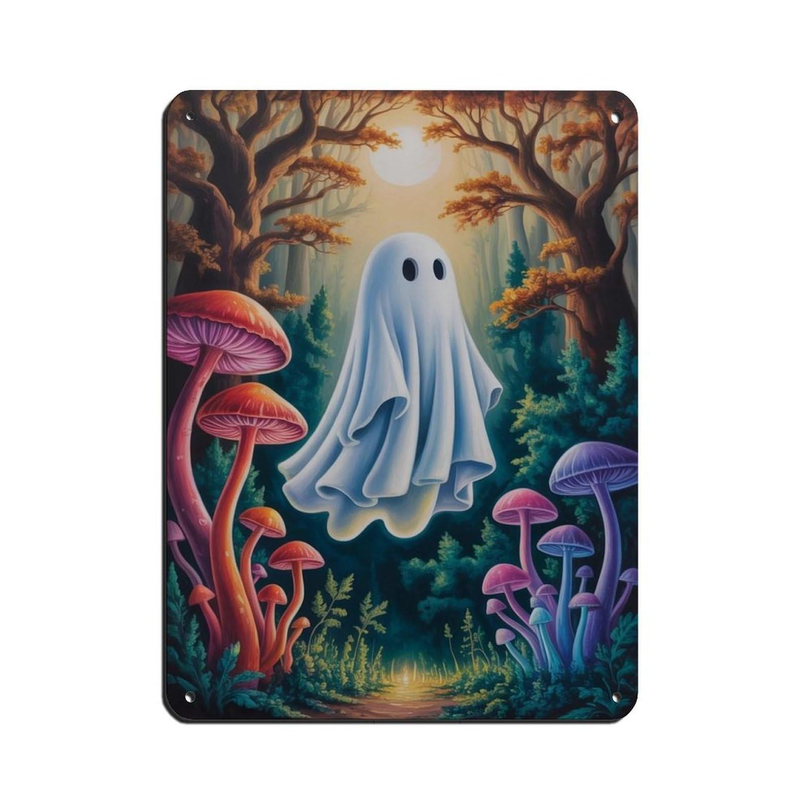 Ghost Is Flying in The Mushroom Forest Tin Sign Vintage Metal Pub Club Cafe Bar Home Wall Art Decoration Poster Retro 12x16inch(30x40cm)
