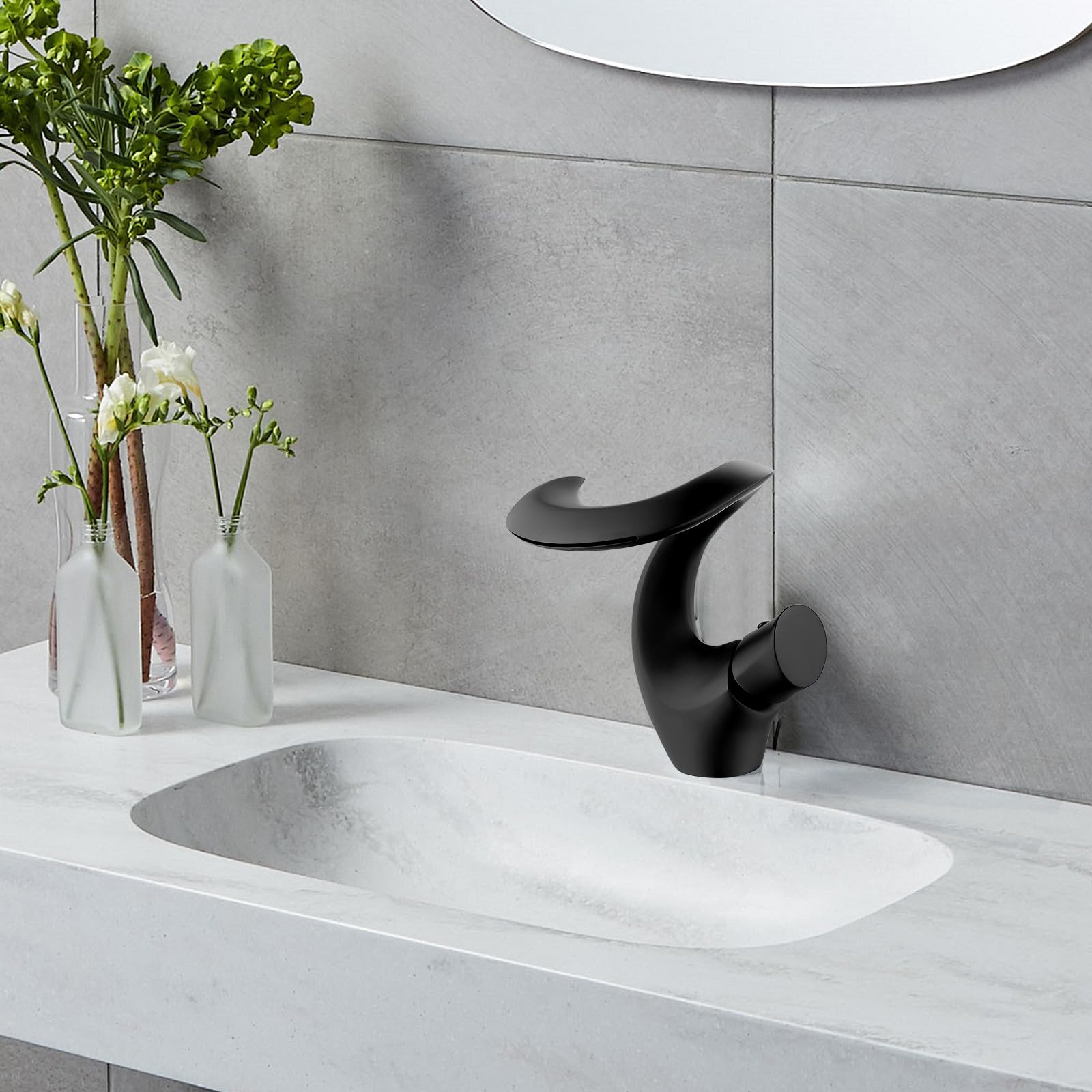 Grifo Negro Mate para Lavabo, Cascada, Mezclador Moderno y Elegante, Frío y Caliente