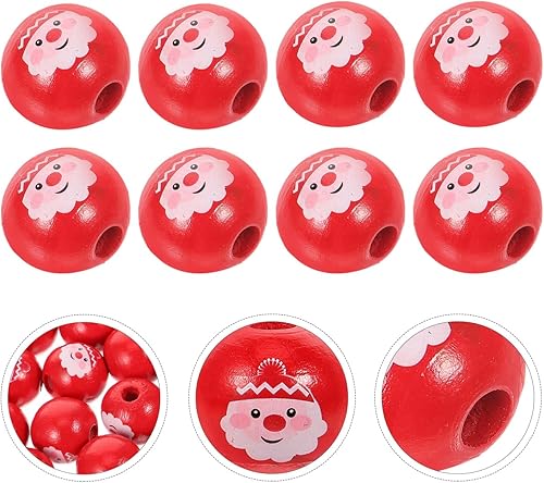 Miniatura 5 de EXCEART Cuentas de madera de Navidad, 30 cuentas sueltas de Navidad, cuentas redondas con patrón de cara de Papá Noel, cuentas espaciadoras pulidas