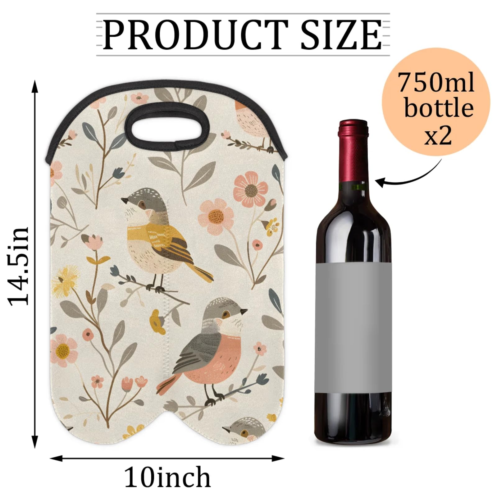 GzLeyigou 2 Bottles Birds on Branches Wine Bag Sleeve Totes Bird Neoprene Protective Wine Carrier Bag for Wine,Water, Champagne, Beer, Baby Bottles,Gift 14.5 x 10 Inches