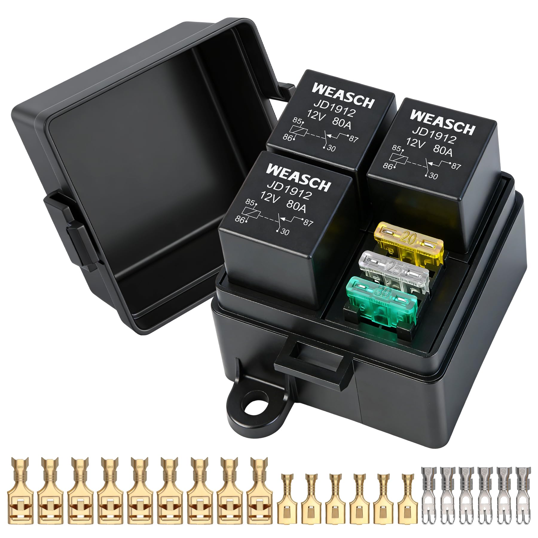 Weasch 12V 3 Way Fuse Relay Weasch Box, 3 Relays and 3 ATC/ATO Blade Fuses Slots, Compatible with 4-Pin 5-Pin 80A Relay, for Cars Truck Jeep