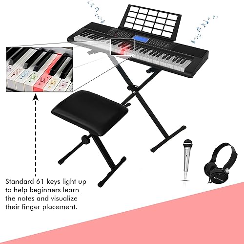 Miniatura 2 de Technical Pro Paquete de teclado de aprendizaje de piano eléctrico de 61 teclas con asiento, soporte y micrófono, 3 modos de aprendizaje,