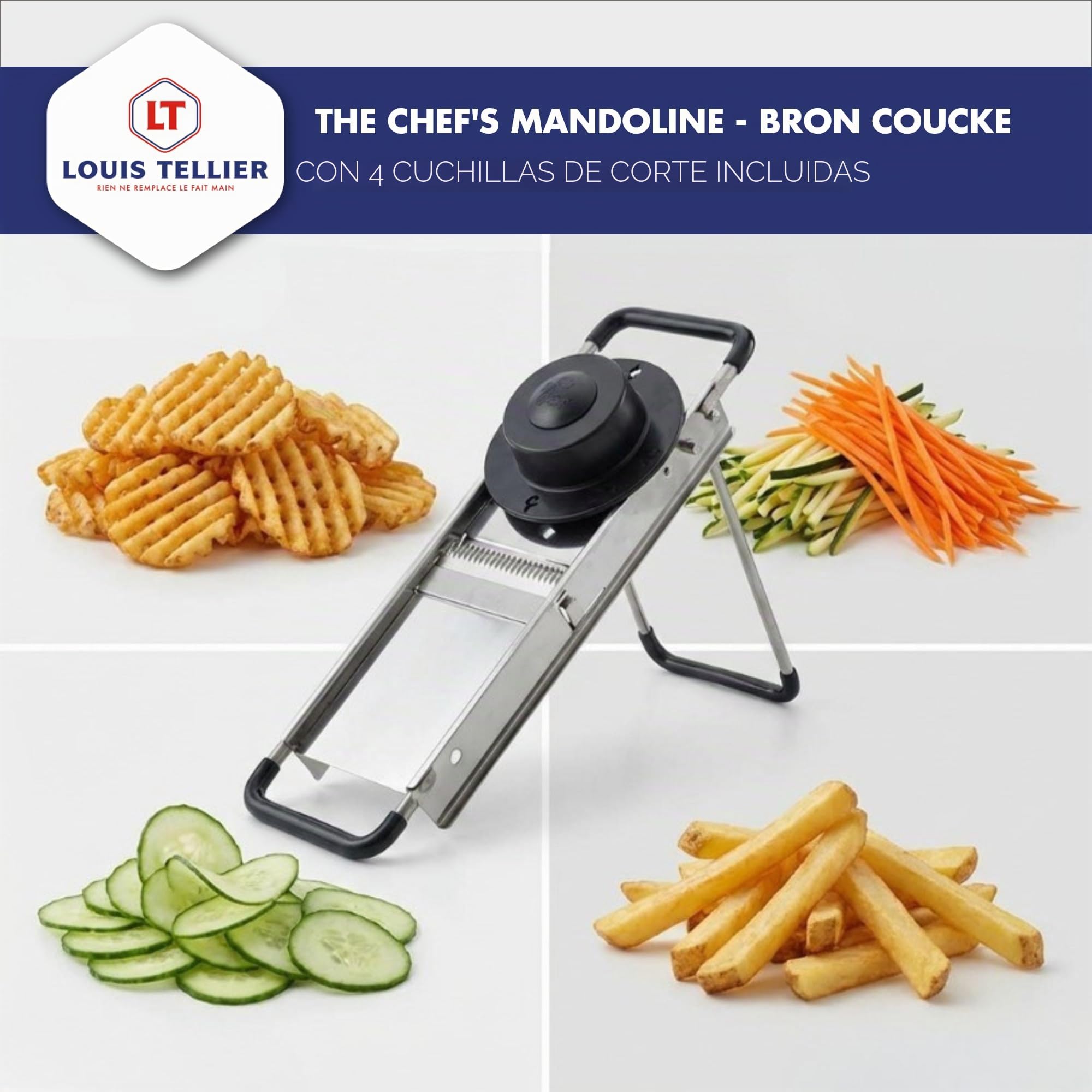 Louis Tellier - Mandolina Profesional del Chef - Acero Inoxidable - Rebanada de Frutas y Verduras y Realiza Fritas y Julianas - Grosor Ajustable - Fabricado en Francia