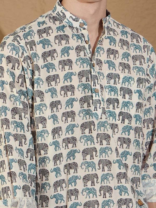 Image of DEELMO Men's Cotton Blend Printed Long Sleeve Short Kurta | Stylish Casual & Ethnic Wear | Comfortable Mandarin Collar Kurta for Daily, Festive & Party Outfits