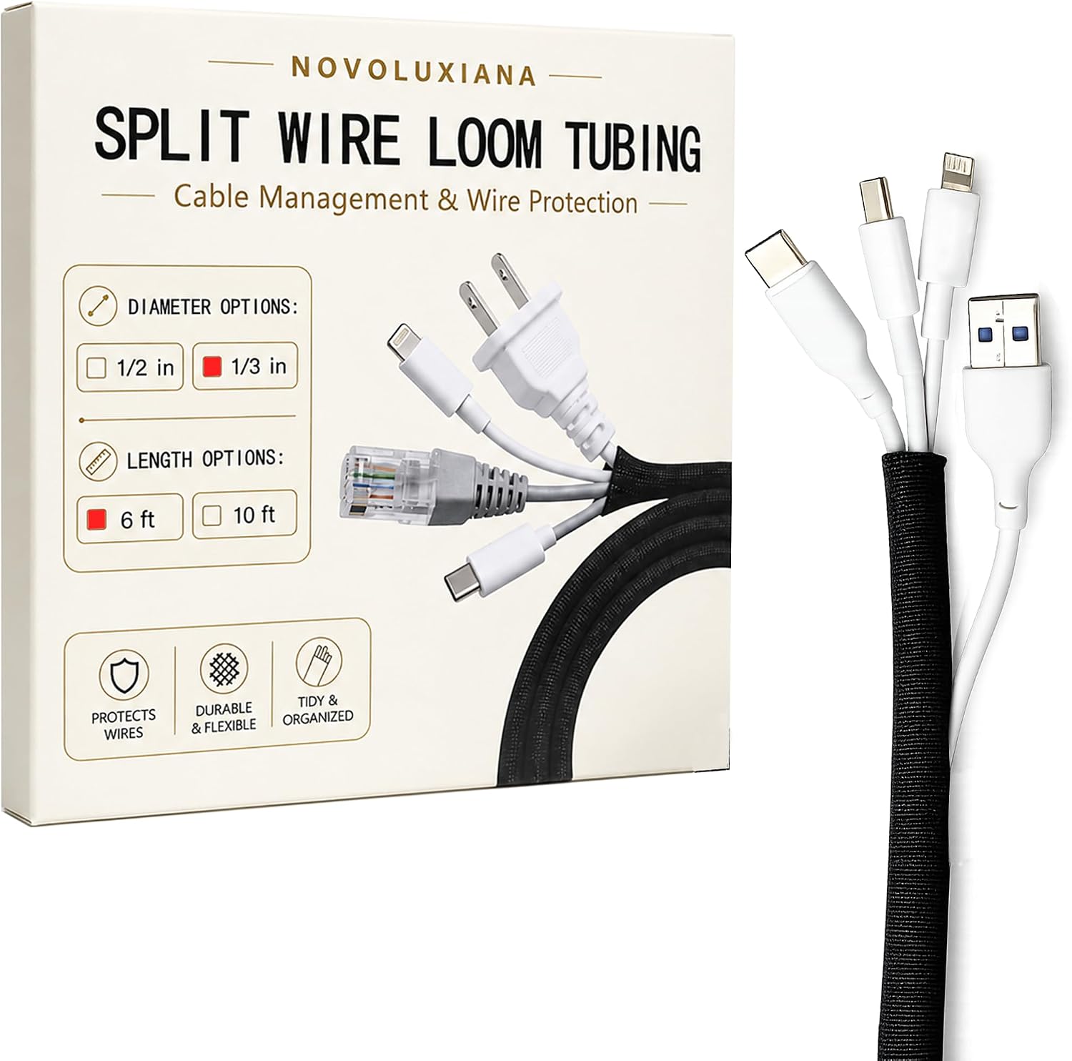 1/3 Inch Split Wire Loom Tubing 6 FT, Black Cable Sleeve for Wires