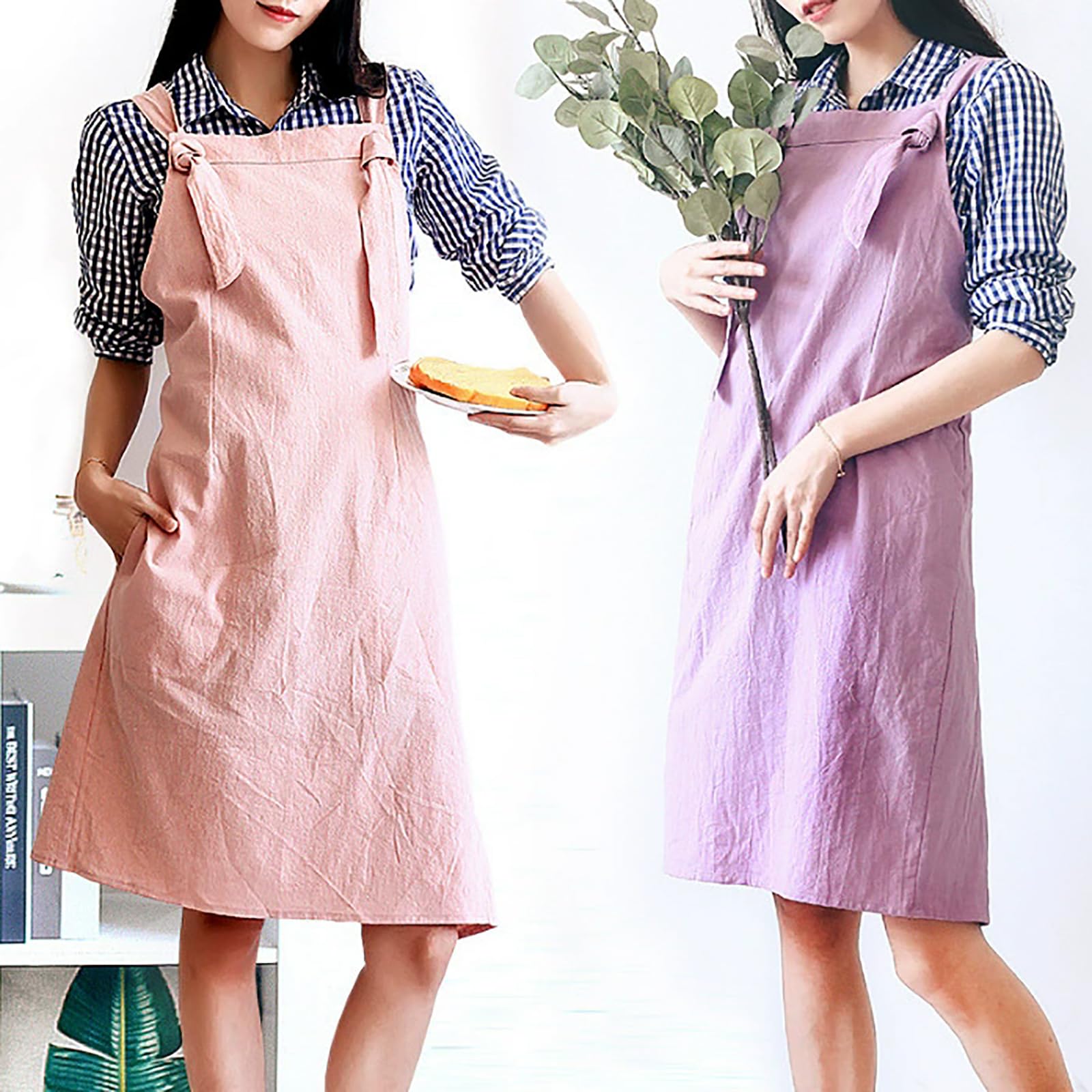 Tablier de cuisine réglable en coton et lin avec poches pour femme, convient pour la cuisine, la pâtisserie, la peinture, le jardinage
