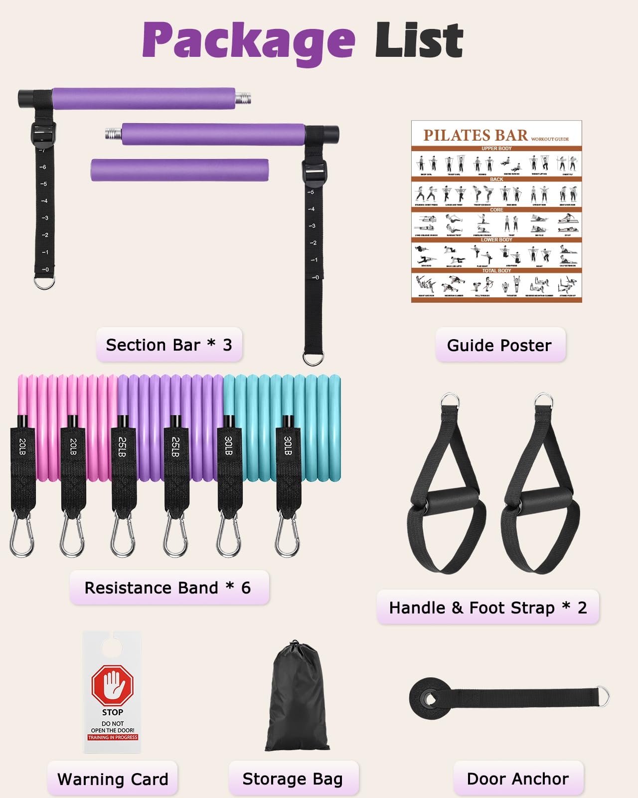Zacro Kit de Barra de Pilates - Sets de Pilates con 6 Bandas de Resistencia, Ajustables Juego de Bandas de Fitness Smart Workout, Gomas Elasticas Musculacion para Gimnasio En Casa