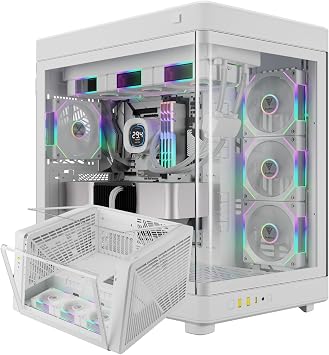 Gamdias RGB White Tempered Glass Gaming Case, 2-Way Standing for Vertical & Horizontal Orientation & One-Touch Open Computer Case with 3 Built-in ARGB Fans, Support 420mm AIO & Huge Cable Management