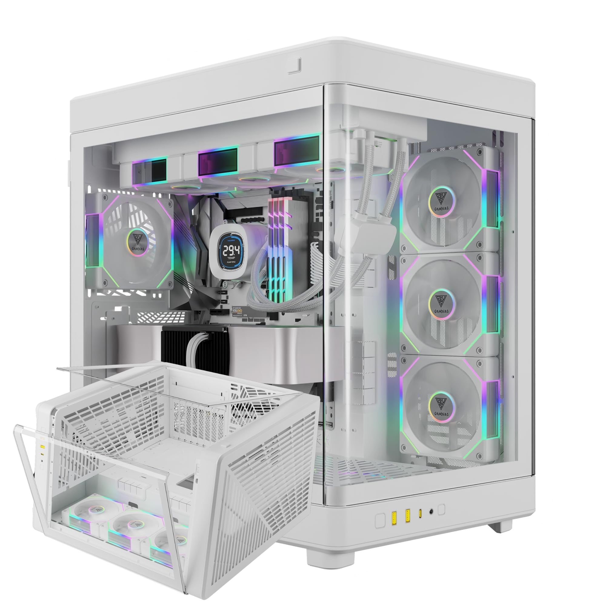 Gamdias RGB White Tempered Glass Gaming Case, 2-Way Standing for Vertical & Horizontal Orientation & One-Touch Open Computer Case with 3 Built-in ARGB Fans, Support 420mm AIO & Huge Cable Management