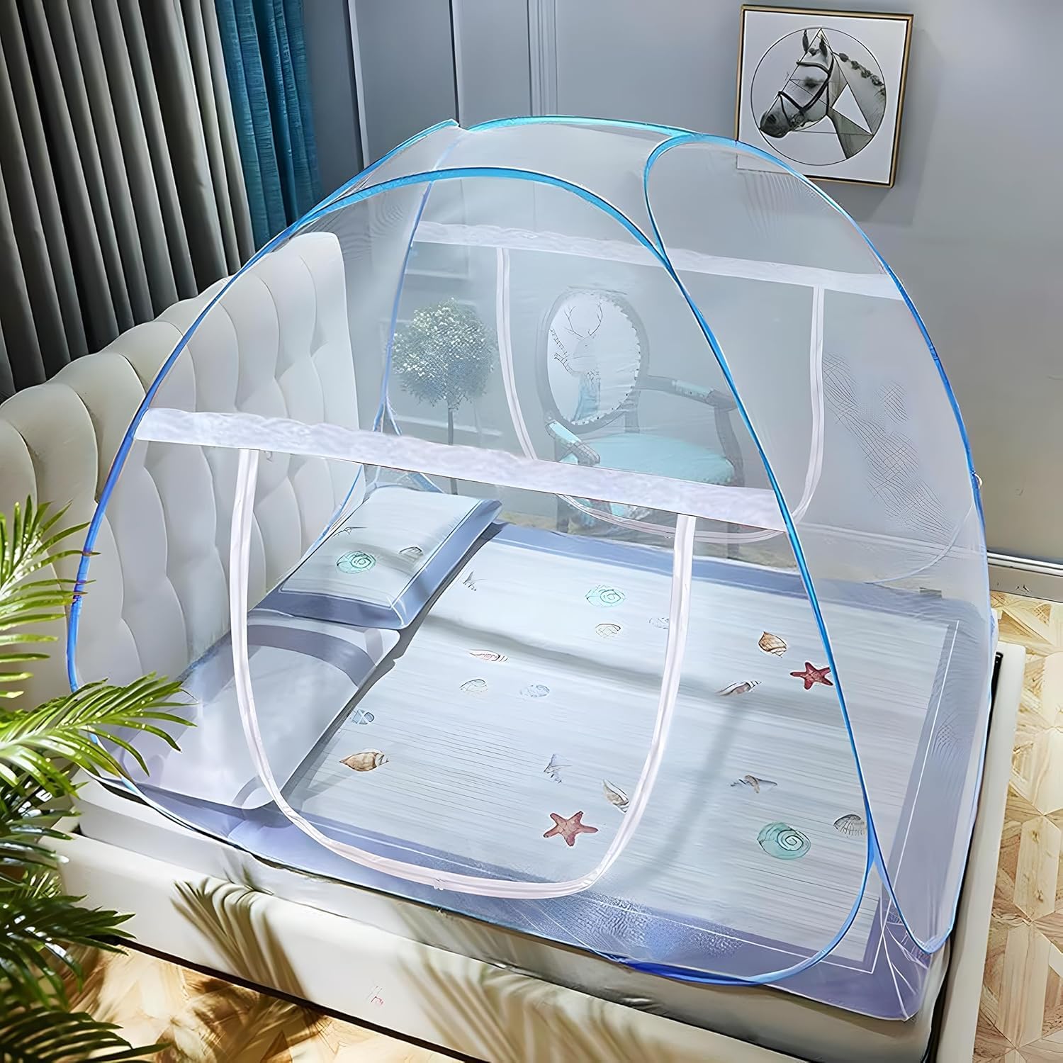 Mosquito Net for Double Bed | King Size Foldable Machardani | 6.5 x 6.5 Feet Polyester 30GSM Strong Net |PVC Coated Corrosion Resistant Steel Wire-image-6