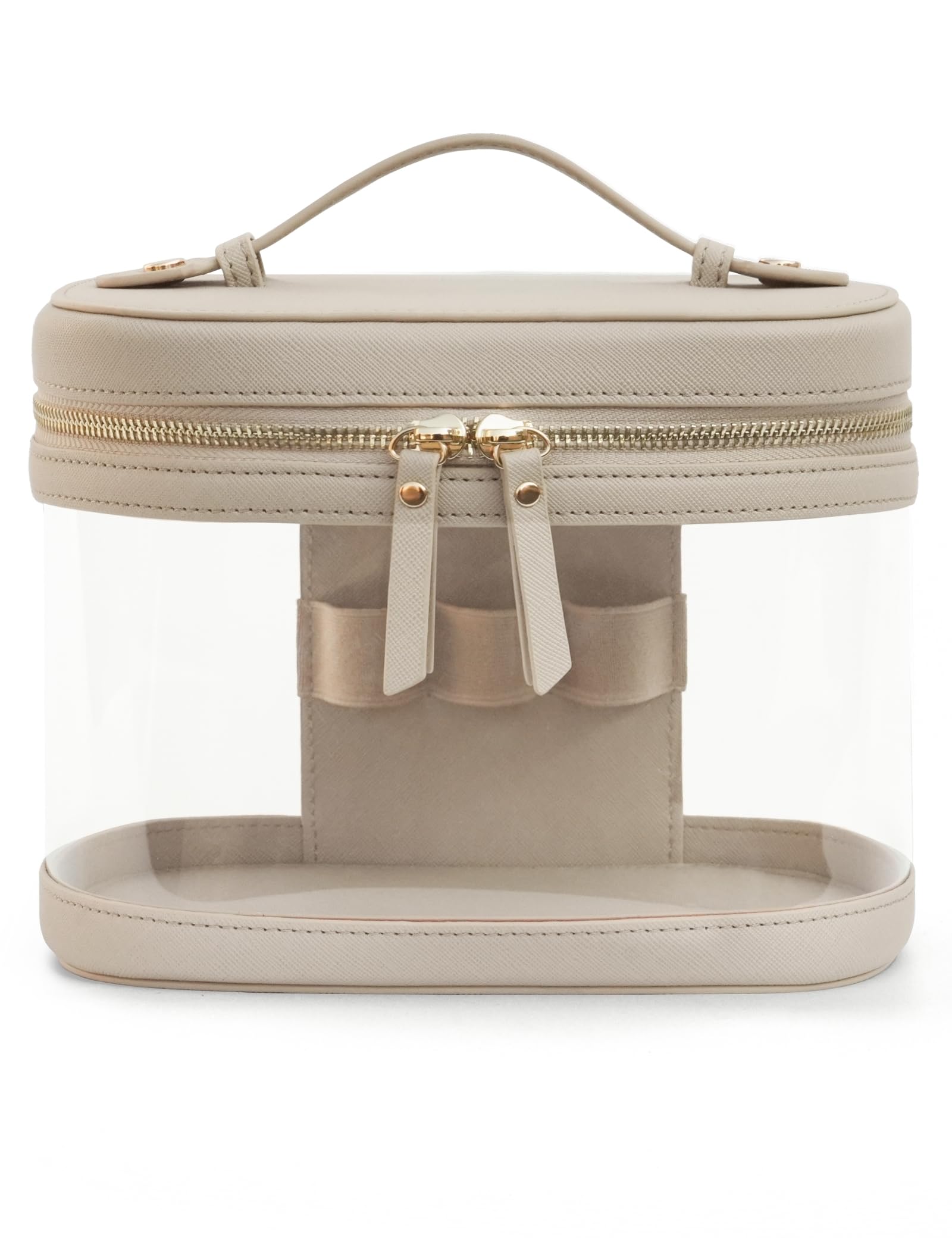 Popvibe Clear Makeup Train Case Vanity Bag Make Up Travel Bag with Brush Holder, Compact Transparent Makeuo Bag for Traveling Leather Cosmetic Case Portable Travel Essentials Toiletry Organizer, Stone