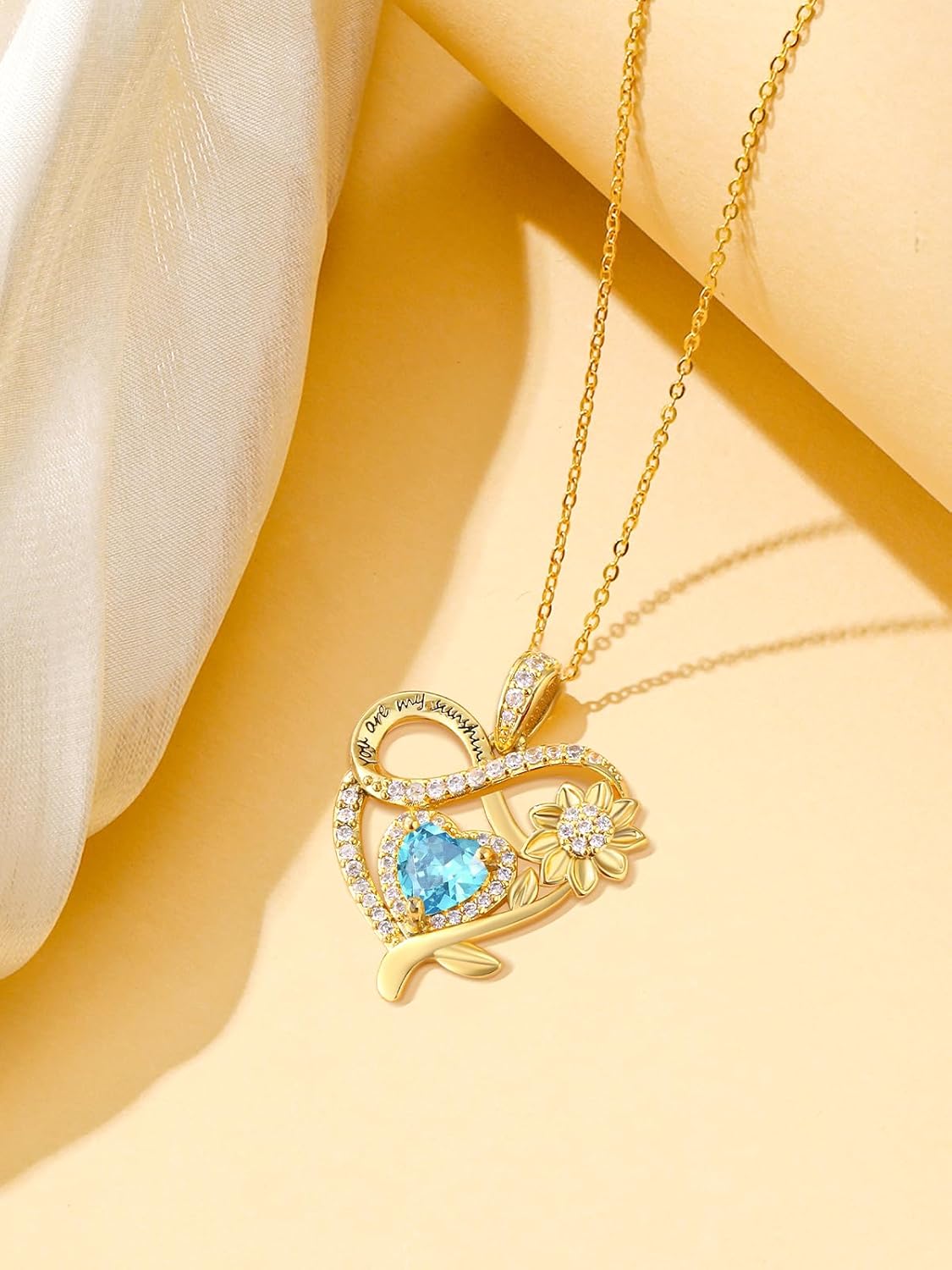 14K Gold Sunflower Heart Birthstone Necklace for Women, You Are My Sunshine Jewelry with Birthstone Pendant, Anniversary Birthday Gifts for Her Wife Mom Grandma Daughter