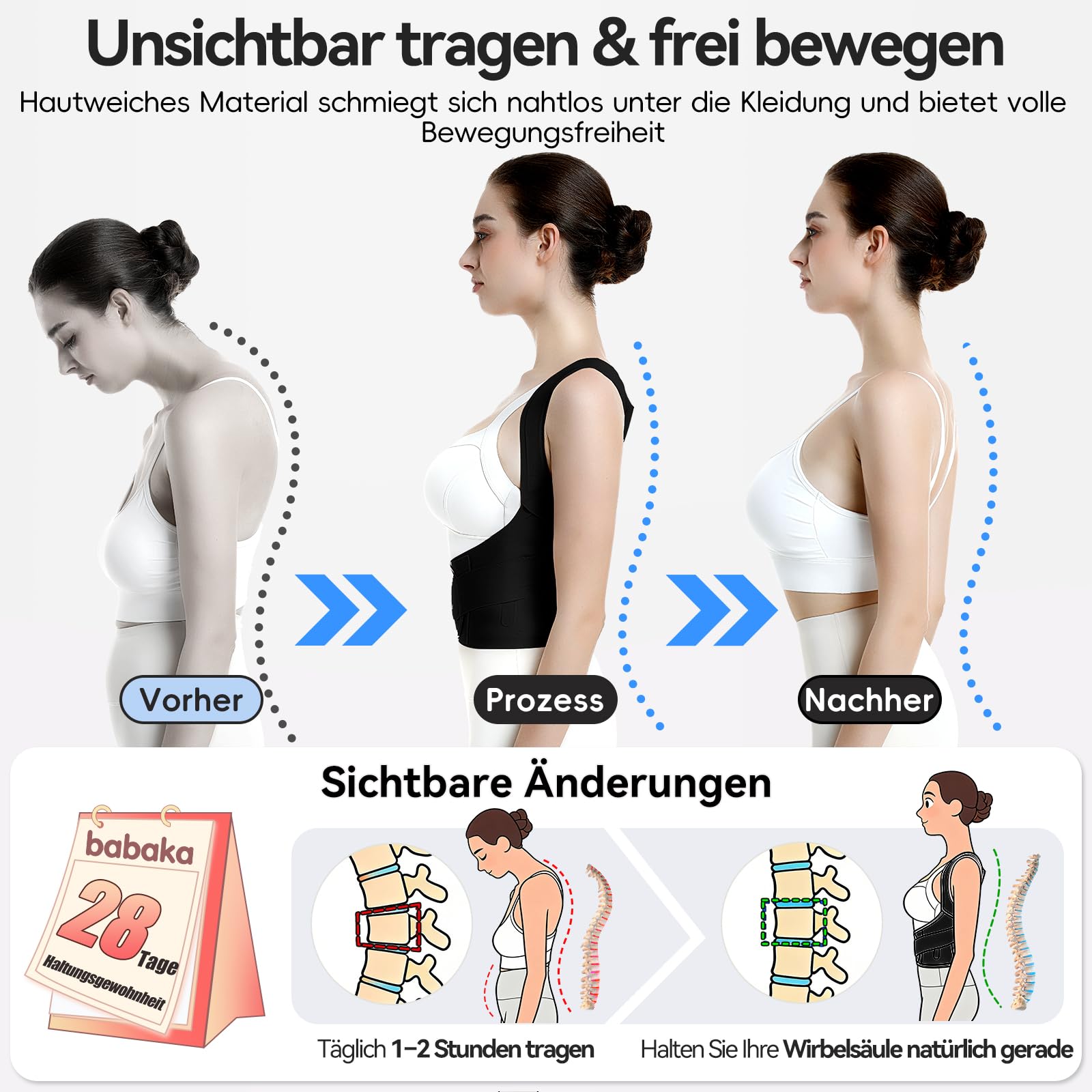babaka Haltungskorrektor für Frauen, unsichtbare leichte verstellbare Rückenstütze für Schmerzlinderung im oberen und unteren Rücken,Wirbelsäulenkorrektor unter Kleidung