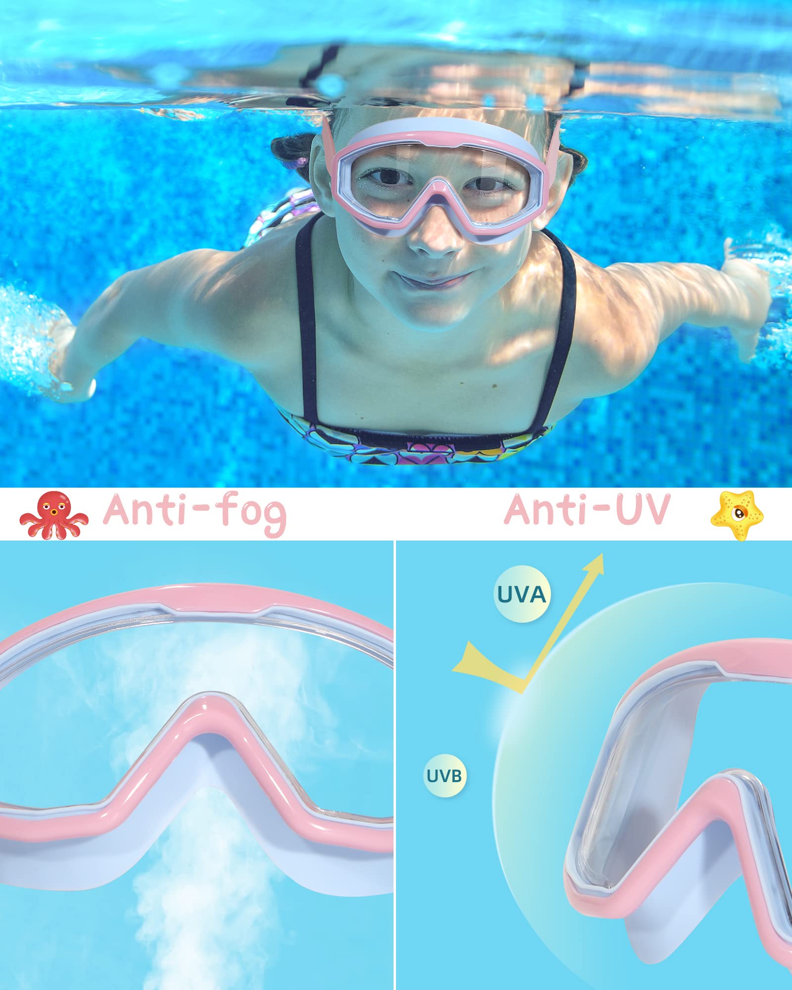Water Space Occhialini Nuoto per Bambini 3-15, Vista Panoramica Anti Nebbia Nessuna Perdita Occhiali per Piscina e Spiaggia