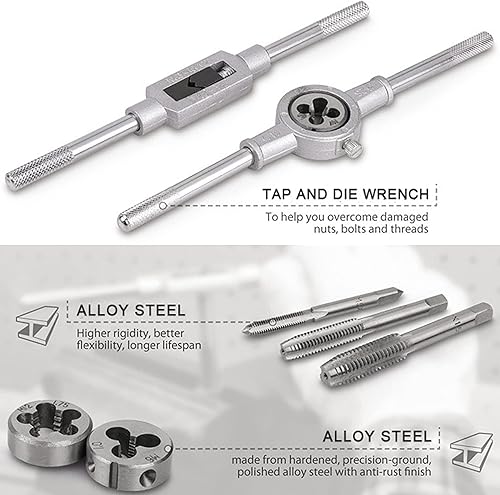 Miniatura 9 de KEWAYO Juego de 20 piezas de roscas métricas y troqueles - Herramientas de roscado M3 a M12 con paso gruesofino - Incluye llave y estuche de