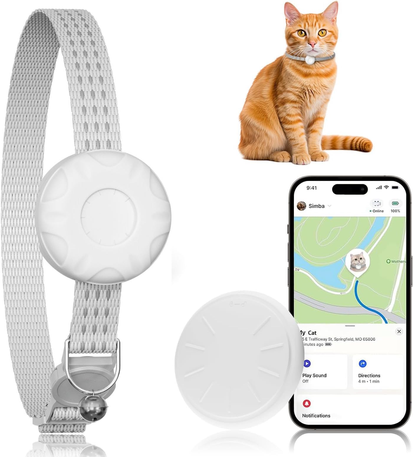 Cat Tracker,Pet Tracker for Cats (Only iOS),Waterproof Tracker Cat Collars with Safety Elastic Buckle,No Monthly Fee,Works with Any Collar,Compatible with Apple Find My App-White